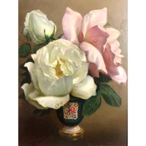 Irène KLESTOVA 1908-1989 Russe FLEURS ET PERLES DE ROSÉE dans un vase Huile Roses