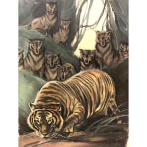 Georges Frederic Rotig Rare Gouache Tiger And Wolves Art Deco