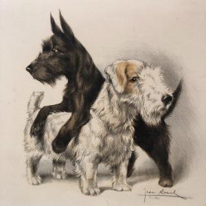 2 Fox Dogs Lithograph Signed Dlg Of Ric And Rac Dog Terrier