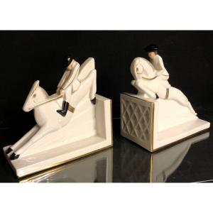 Robj Paris Very Rare Pair Of Bookends Le Saut d'Obstacle Riders Art Deco Horses