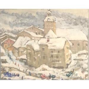 Paulette GENET 1892-1983 Huile MEGEVE sous la neige Alpes Montagne Haute Savoie Mont Blanc /3