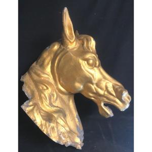 RARE ENSEIGNE de boucherie chevaline XIXe Tete de cheval en zinc doré 