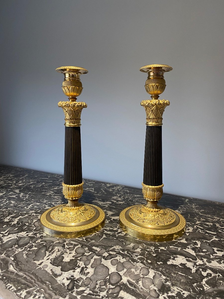 Pair Of Torches In Chiseled And Gilded Bronzes With Double Patina, Empire/restoration Period -photo-2