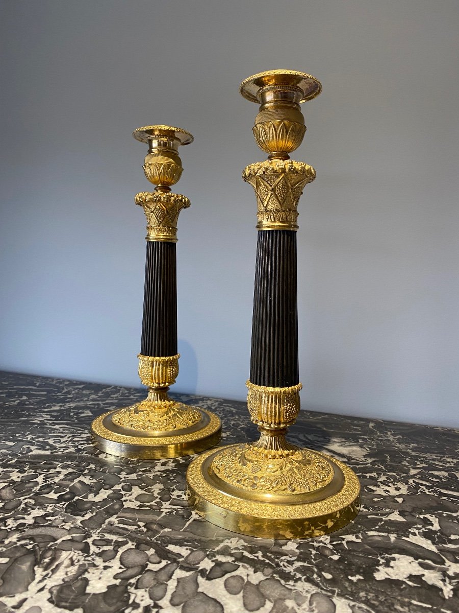 Pair Of Torches In Chiseled And Gilded Bronzes With Double Patina, Empire/restoration Period 