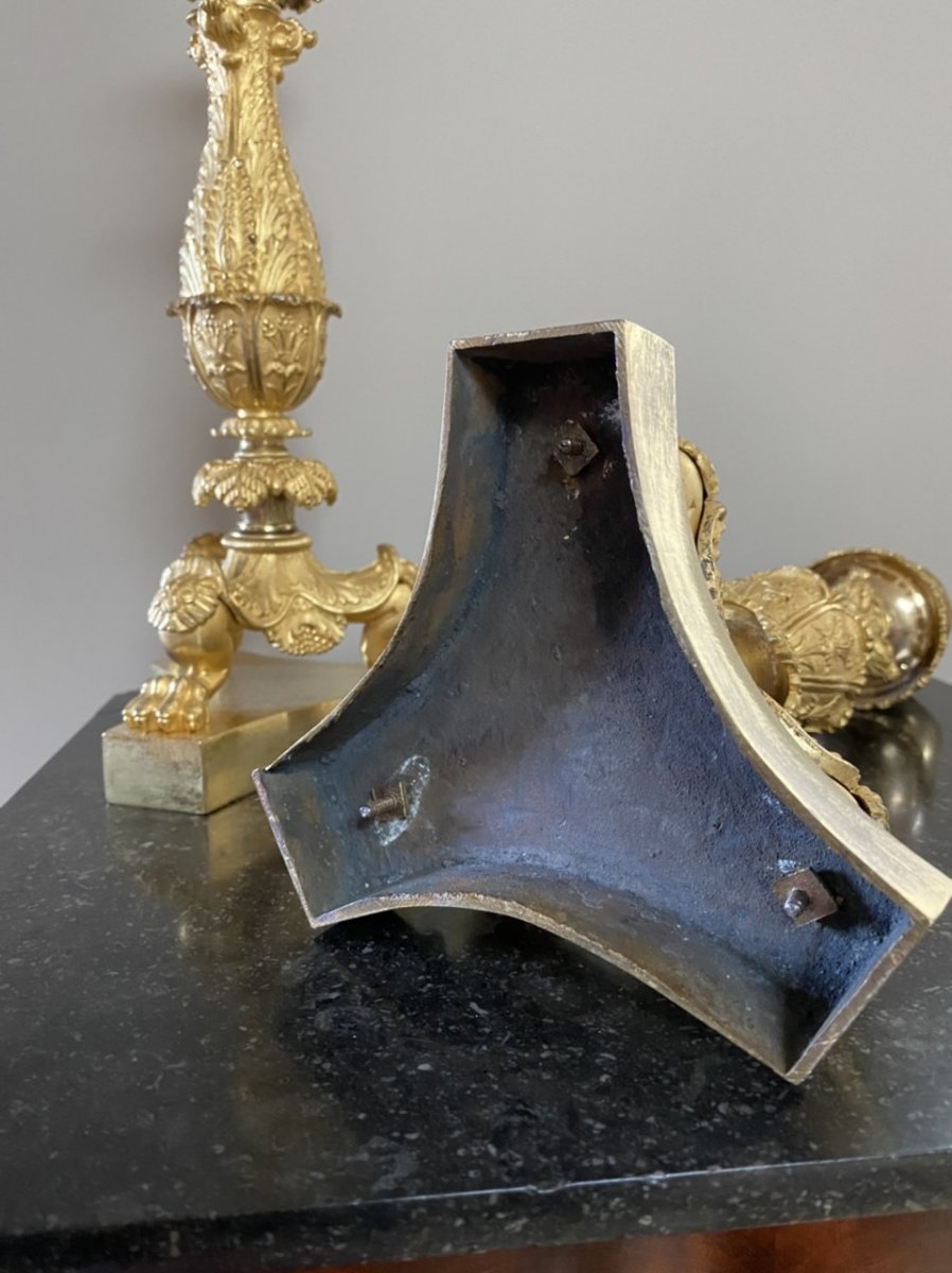 Paire De Flambeaux En Bronze Ciselé Et Doré Au Mercure D’époque Restauration -photo-7