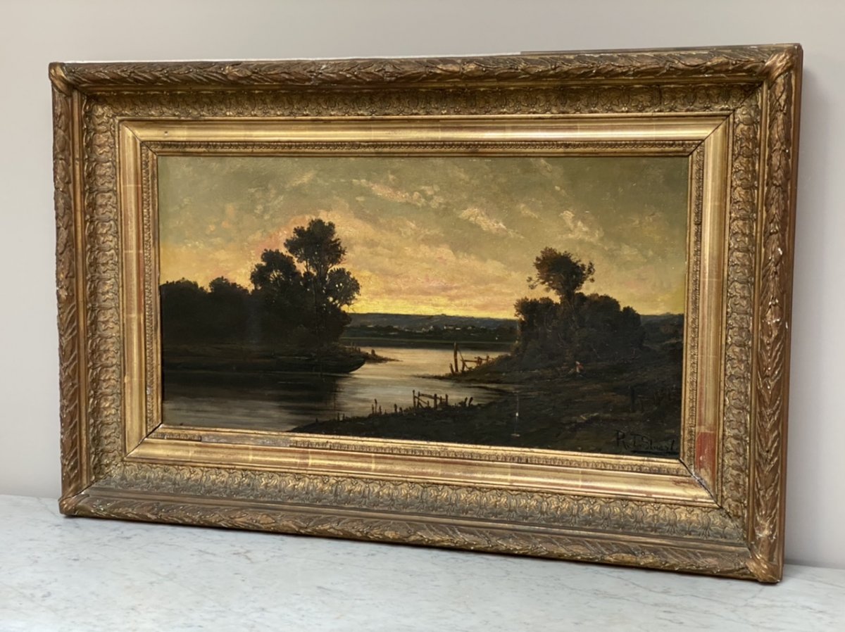 R.t Stuart , L’étang Au Coucher Du Soleil, Huile Sur Toile , XIXème