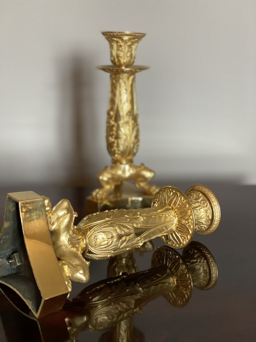 Paire De Bougeoirs En Bronze Ciselé Et Doré D’époque Empire/restauration -photo-3