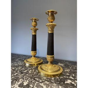 Pair Of Torches In Chiseled And Gilded Bronzes With Double Patina, Empire/restoration Period 