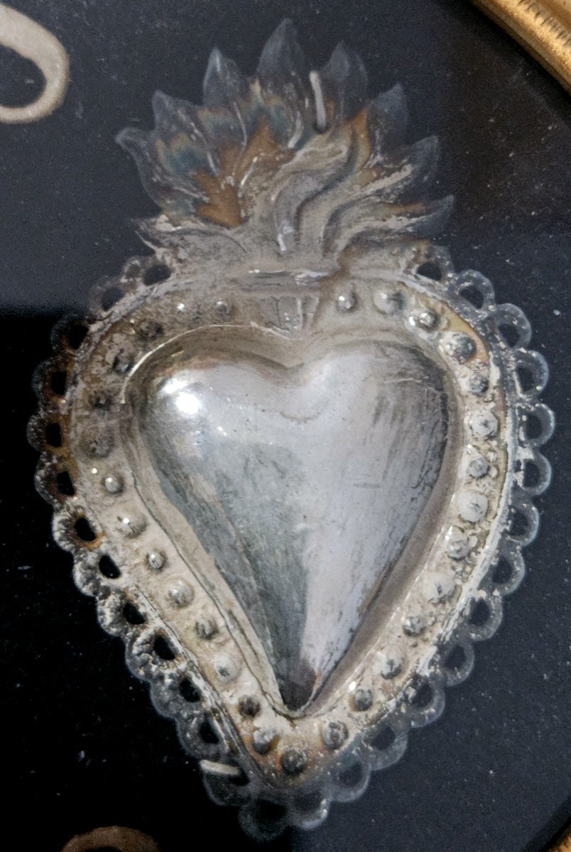 Rare Ex-voto De Mariage Aux Cœurs Ardents En Argent -photo-1