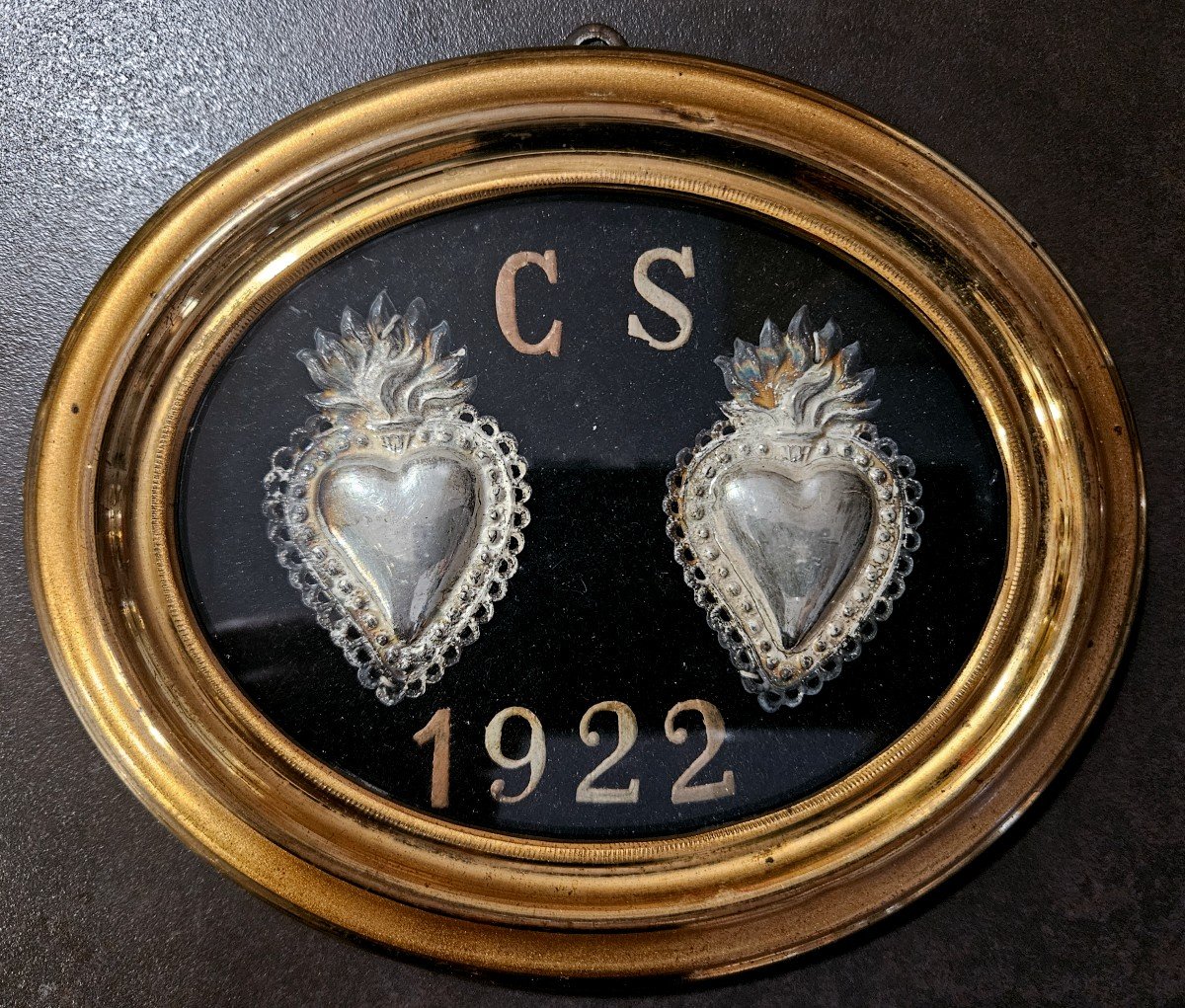 Rare Ex-voto De Mariage Aux Cœurs Ardents En Argent 