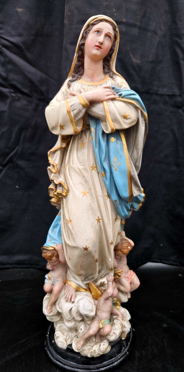 Vierge En Plâtre Polychrome Aux Puttis Fin 19ème 