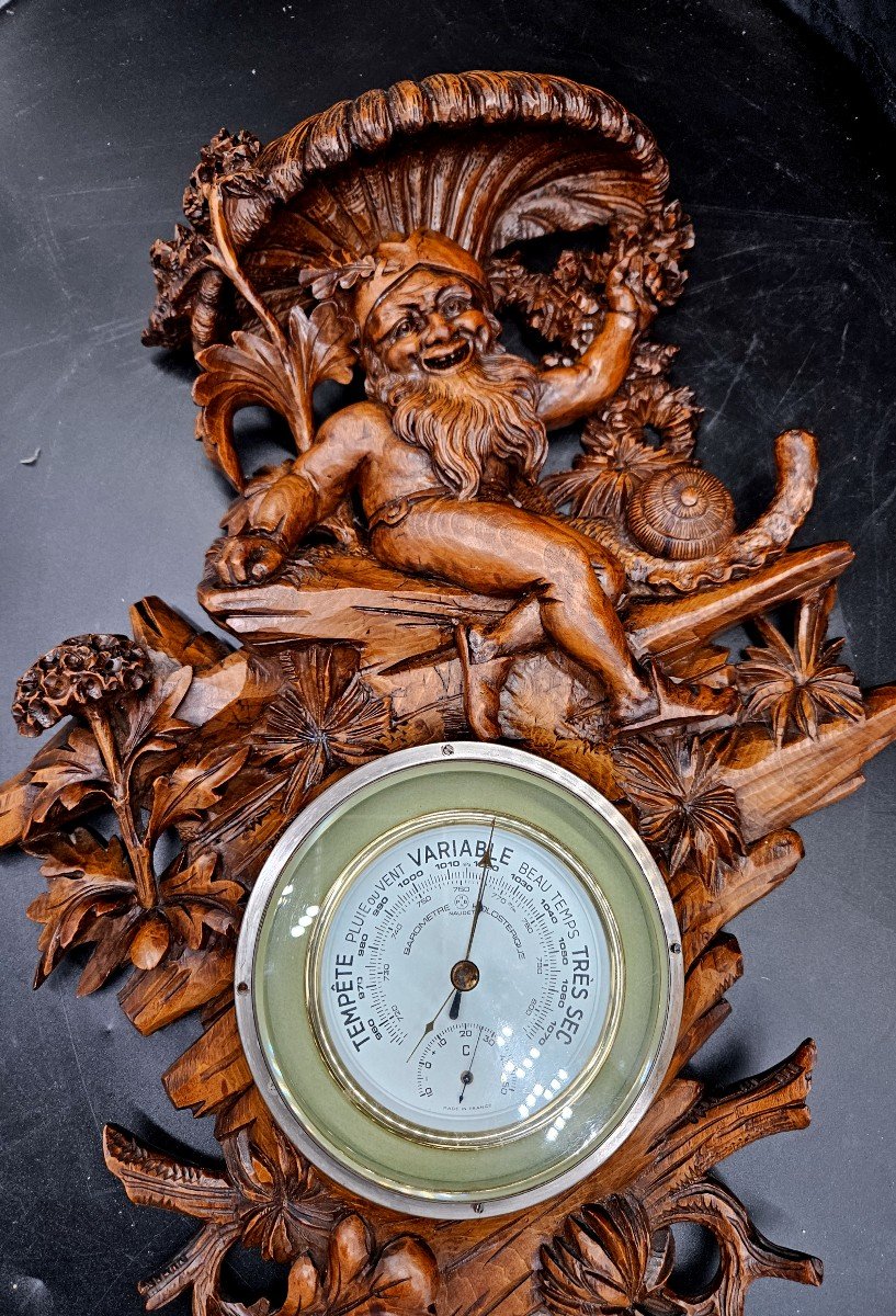 Rare Baromètre Forêt Noire Bois Sculpté 19ème Figurant  Un Nain Sous Un Champignon-photo-3