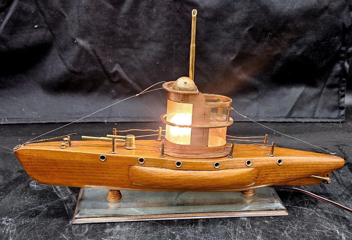 Veilleuse Sous-marin U-boat En Bois Art Déco -photo-6