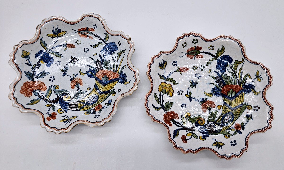 Rouen 18th: Pair Of Plates With Contoured Edges, Cornucopia Decoration 