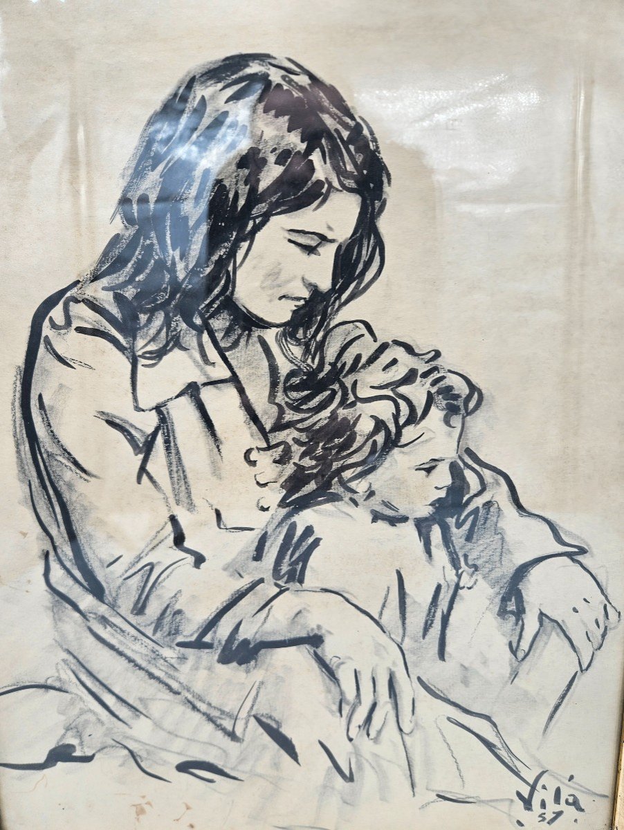 Joan Felip Vila : Mère Et Fille, Crayon Sur Papier 1957-photo-2