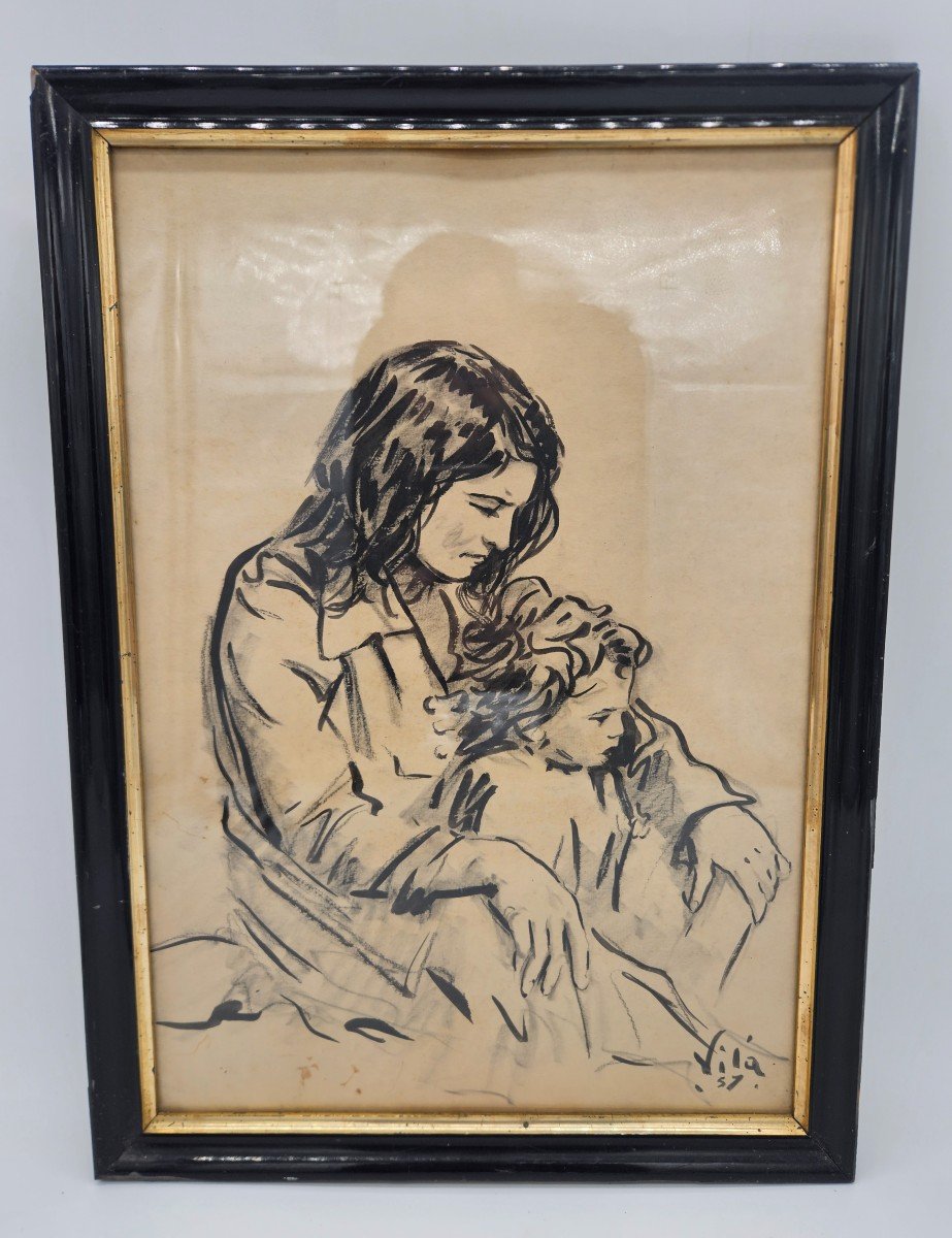 Joan Felip Vila : Mère Et Fille, Crayon Sur Papier 1957