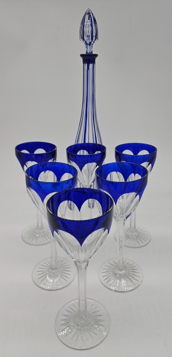 Rare Ensemble Carafe Et 6 Verres A Vin En Cristal Bleu