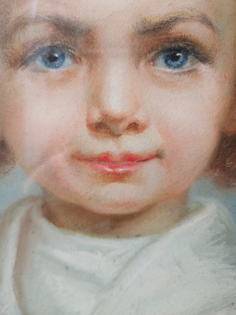 Portrait Au Pastel De Petite Fille, Signé, Daté 1907-photo-1