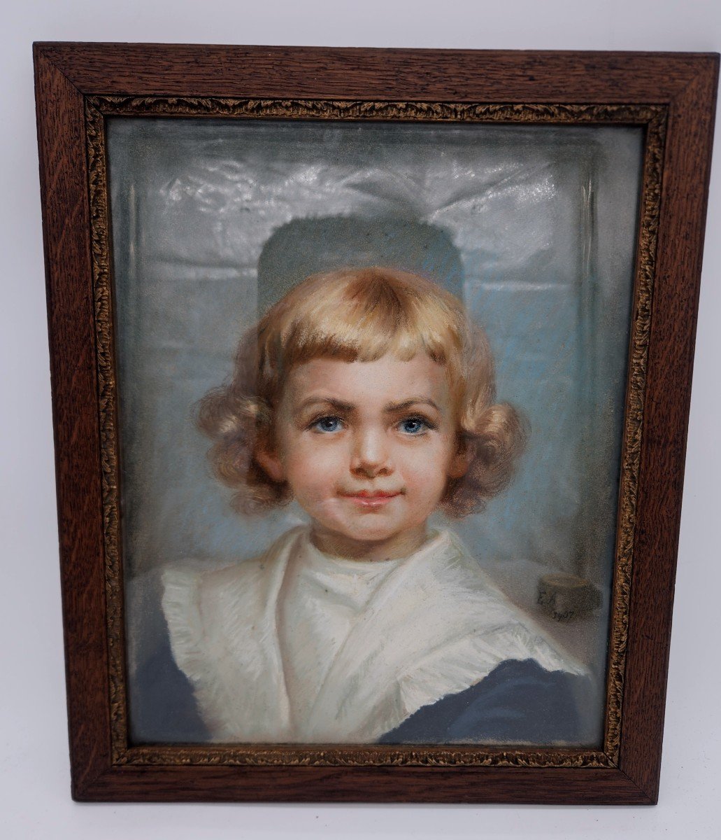 Portrait Au Pastel De Petite Fille, Signé, Daté 1907