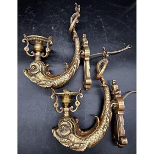 Pair Of Bronze Sconces With Dolphins And Lily Flowers 19th