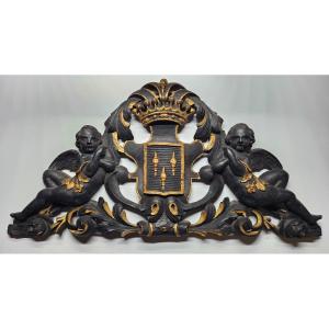 Decoration De Château En Bois Sculpté, Putti, blason, Couronne