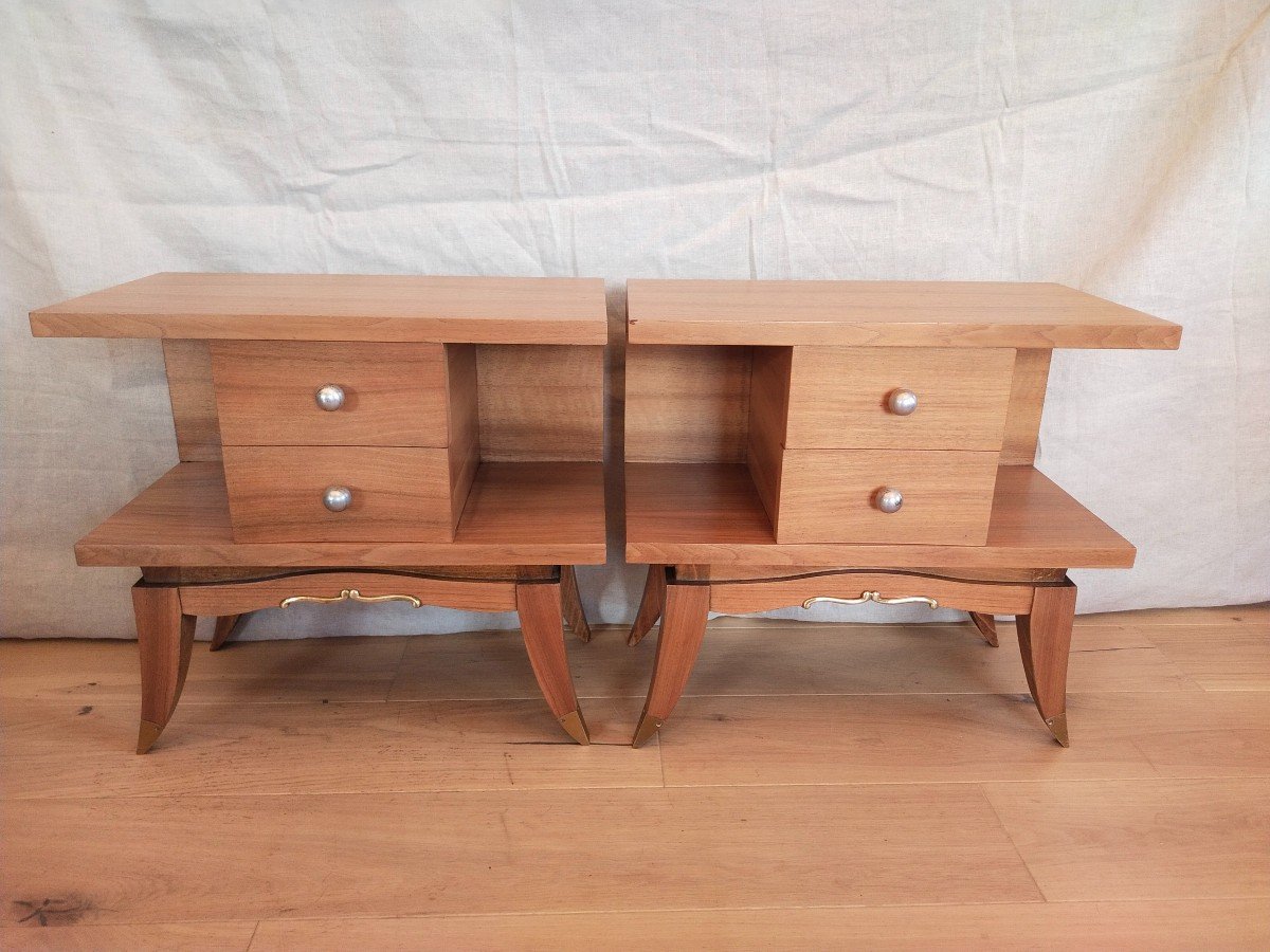 Pair Of Art Deco Blond Walnut Bedside Tables 1950s-photo-4