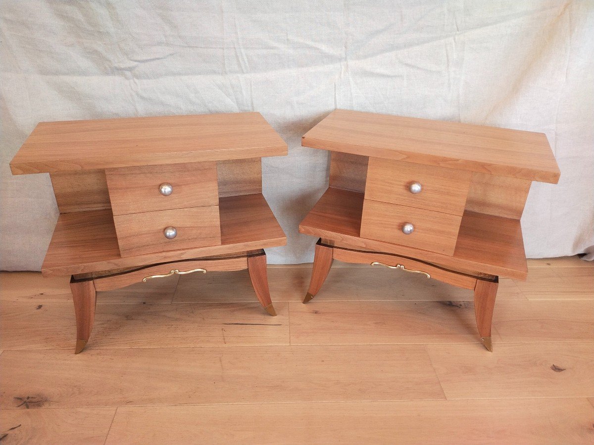 Pair Of Art Deco Blond Walnut Bedside Tables 1950s