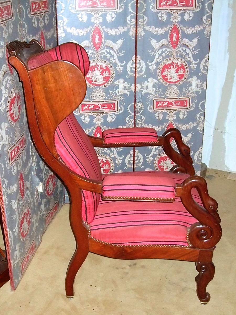 Fauteuil à Oreilles En Acajou, Epoque Restauration-photo-2