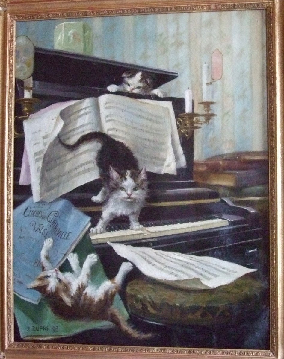 Scène d'Intérieur Avec Chats Signée J. Dupré 93-photo-2