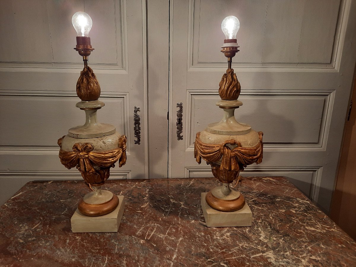 Paire De Lampes Sculptées, Rechampies En Gris Et Dorées D’époque XIXème Siècle.-photo-2