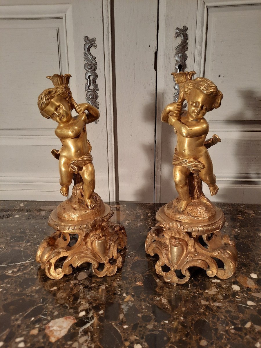 Pair Of Cherubs In Bronze Louis XV Style From The XIXth Century.