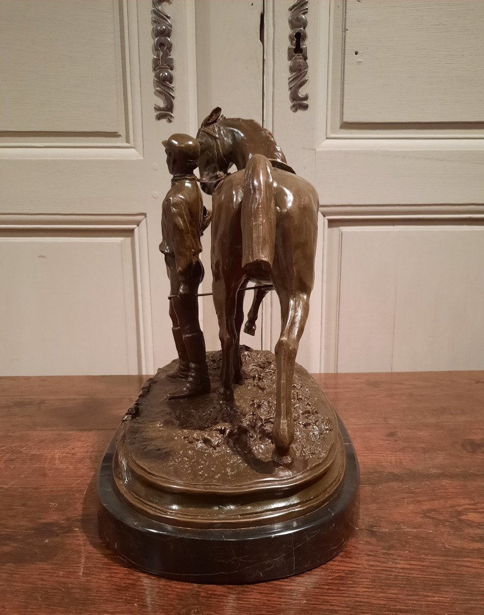 Bronze Representing A Jockey And His Horse Signed Pj Mène 1866, Vintage 20th Century.-photo-4