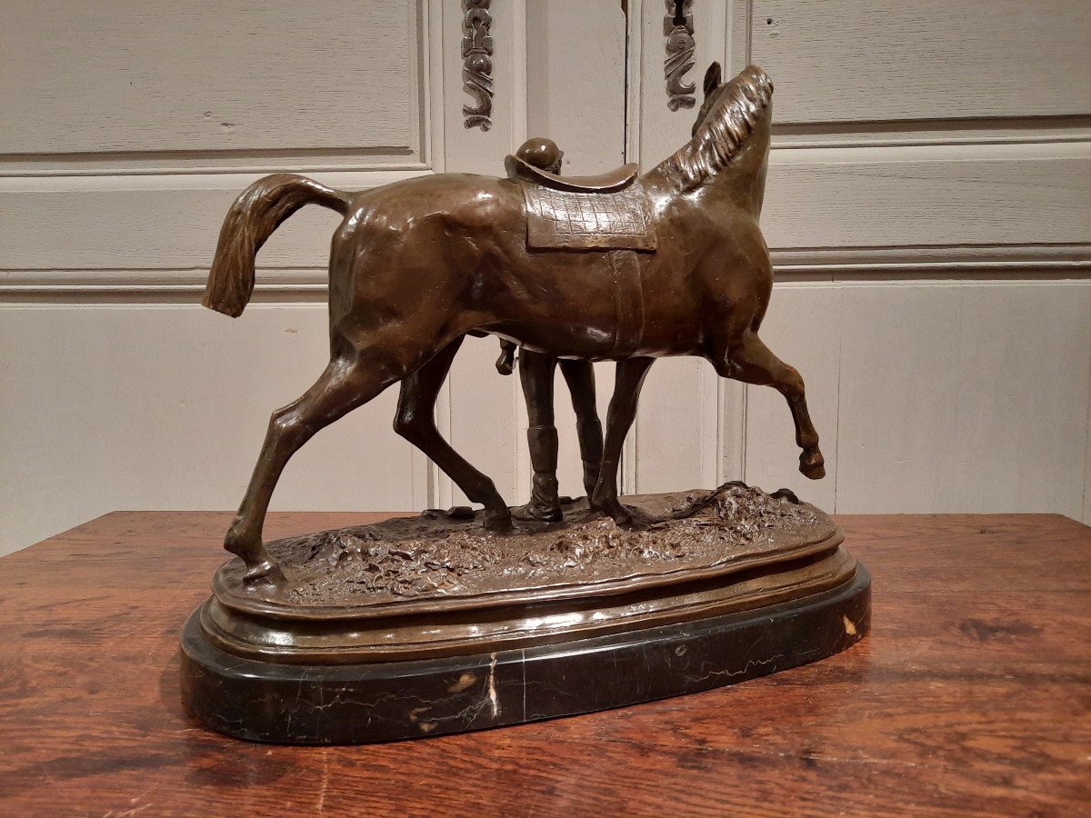 Bronze Representing A Jockey And His Horse Signed Pj Mène 1866, Vintage 20th Century.-photo-5