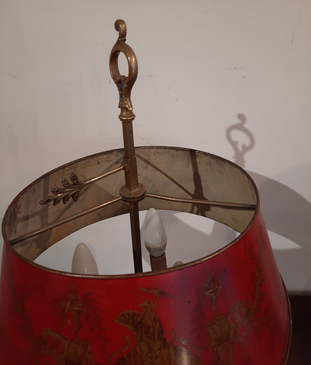 Bouillotte Lamp With Three Lights, Capped With A Red Painted Lampshade, 19th Century Period.-photo-4