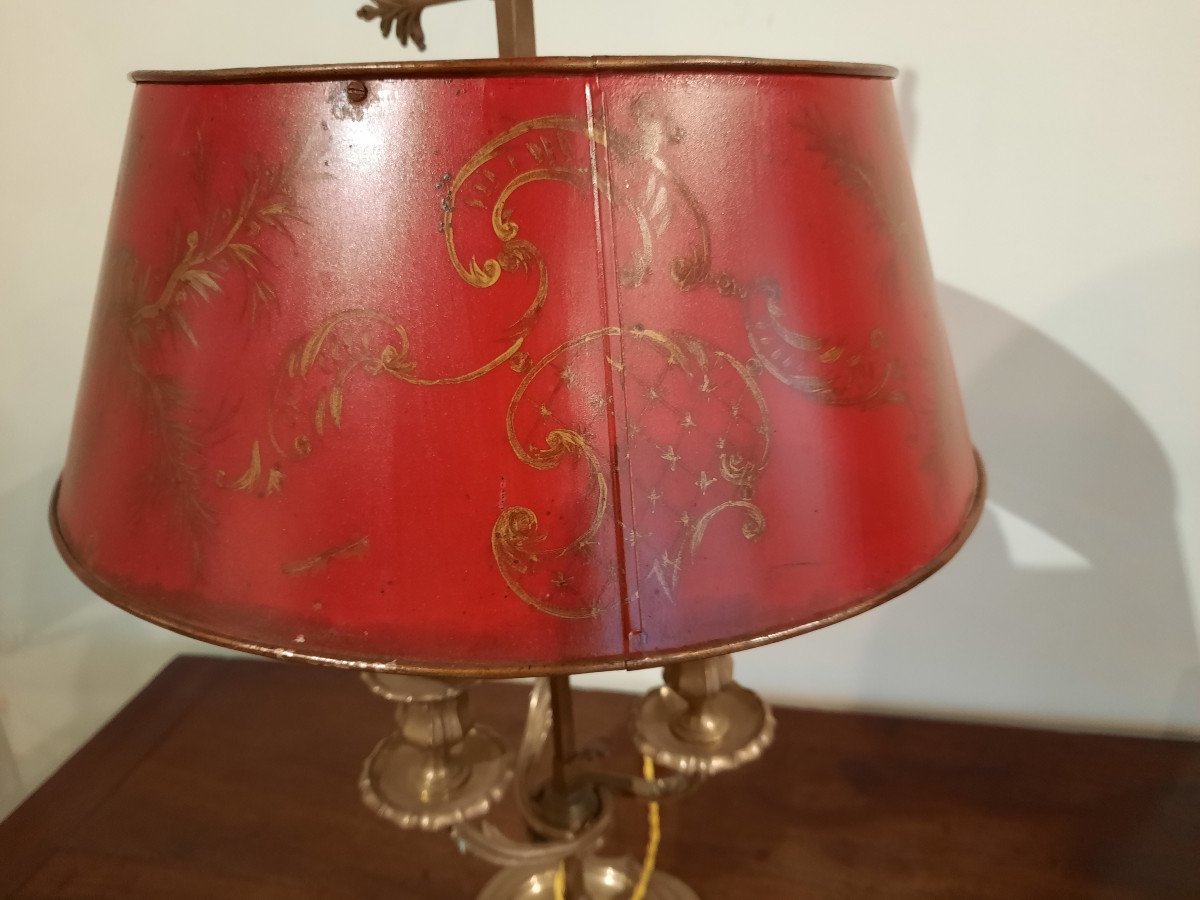 Bouillotte Lamp With Three Lights, Capped With A Red Painted Lampshade, 19th Century Period.-photo-6