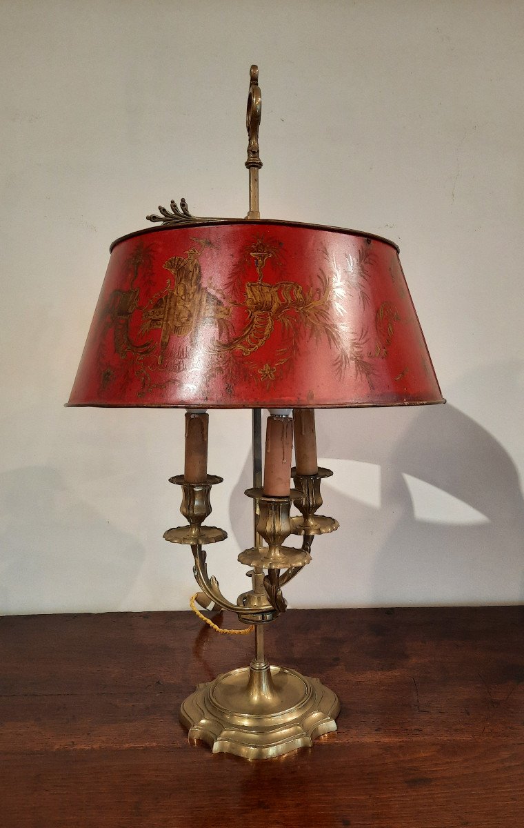 Bouillotte Lamp With Three Lights, Capped With A Red Painted Lampshade, 19th Century Period.