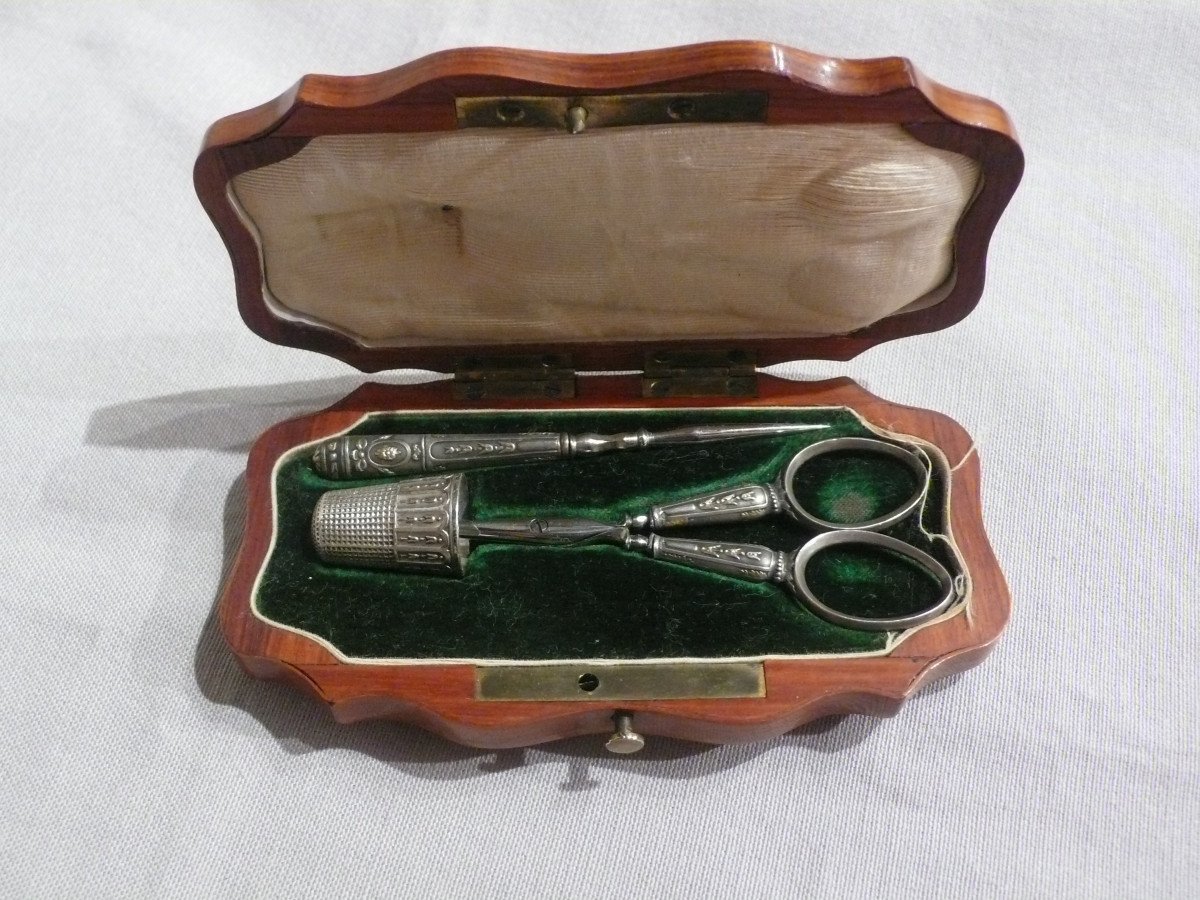 Sewing Kit In Rosewood Case.