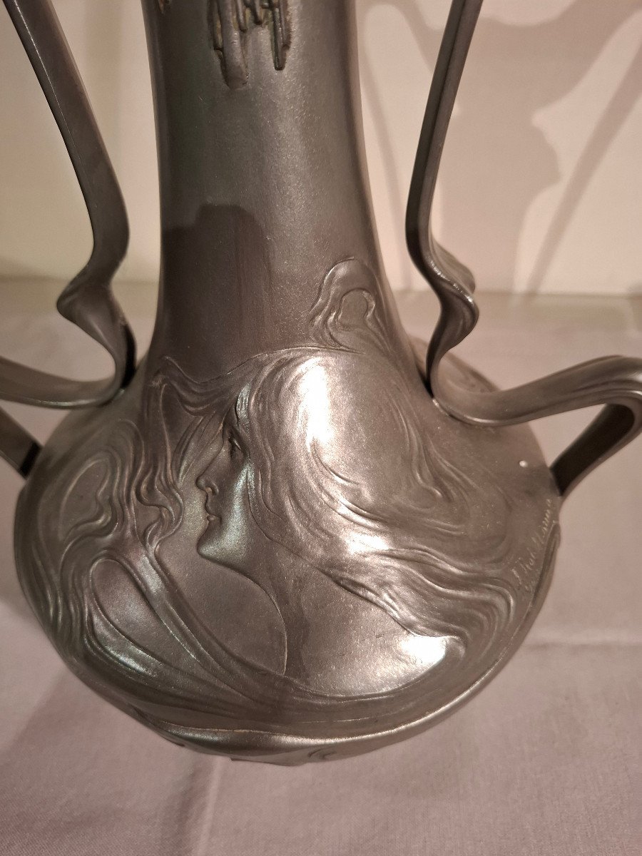 Vase En étain D’époque Art Nouveau Signé J. Rob Hannig 1900.-photo-3