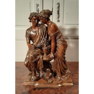 Bronze Sculpture Representing A Couple From Greco-roman Antiquity, From The 19th Century