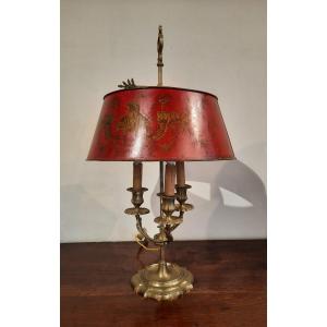 Bouillotte Lamp With Three Lights, Capped With A Red Painted Lampshade, 19th Century Period.