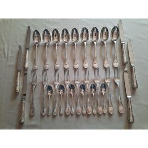 Housewife Of 30 Pieces In Silver Metal From Maison Christofle, Vintage 20th Century.