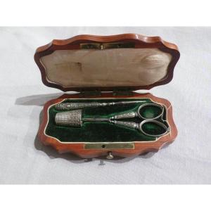 Sewing Kit In Rosewood Case.