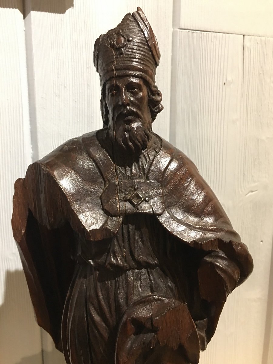 Sculpture Of A Saint Bishop In Natural Wood, 17th Century -photo-2