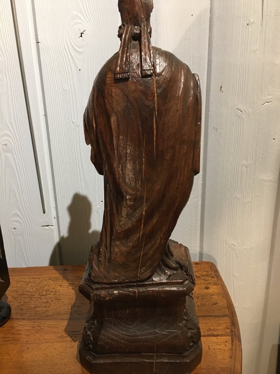 Sculpture Of A Saint Bishop In Natural Wood, 17th Century -photo-1