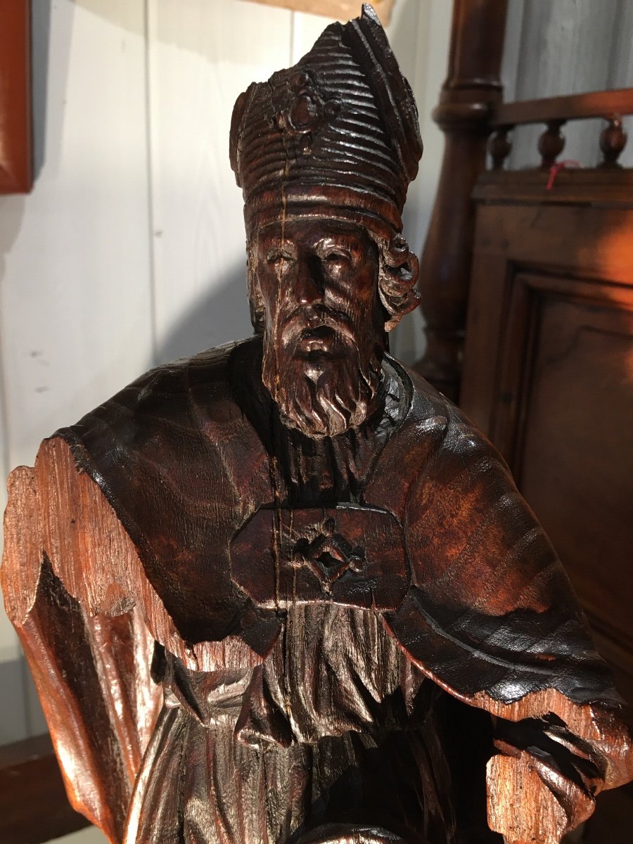 Sculpture Of A Saint Bishop In Natural Wood, 17th Century -photo-3