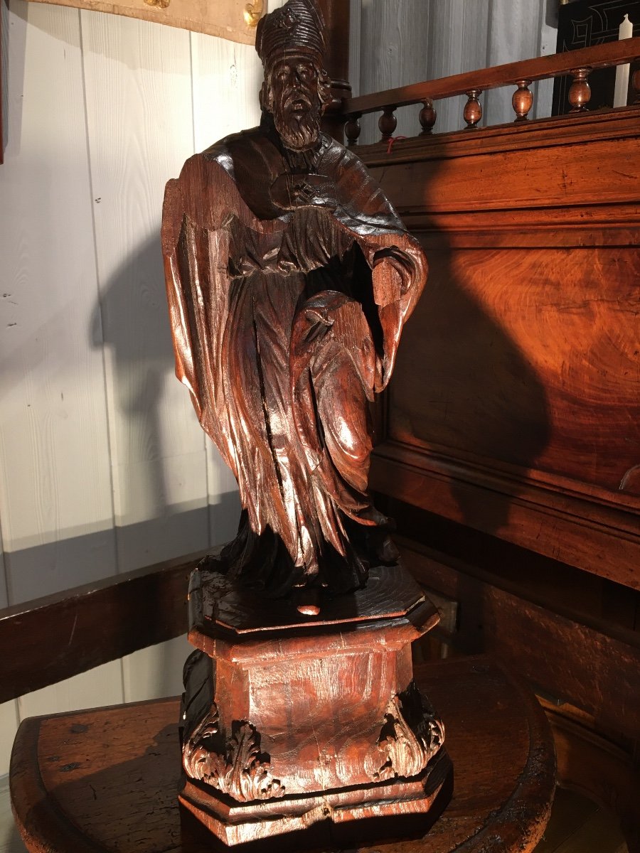 Sculpture Of A Saint Bishop In Natural Wood, 17th Century -photo-4