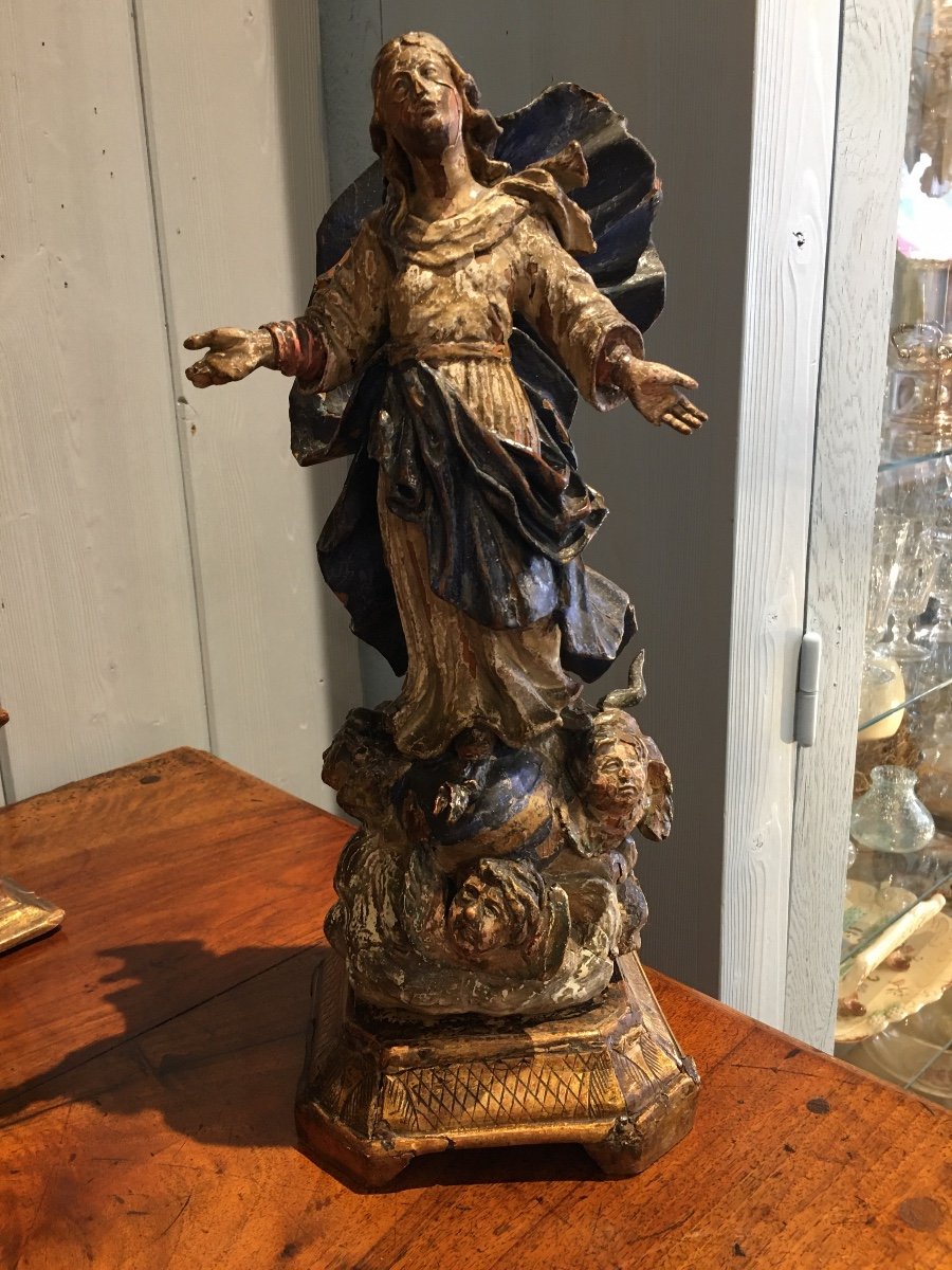 Polychrome Wood Virgin Sculpture 17th Century 