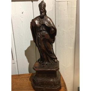 Sculpture Of A Saint Bishop In Natural Wood, 17th Century 