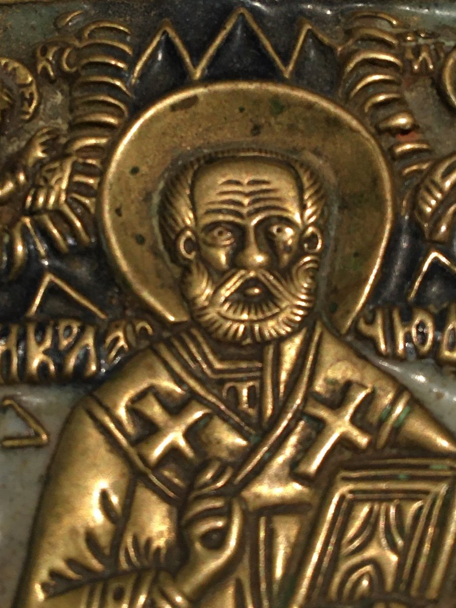 Small Russian Travel Icon , Enameled Bronze , Saint Nicolas-photo-3