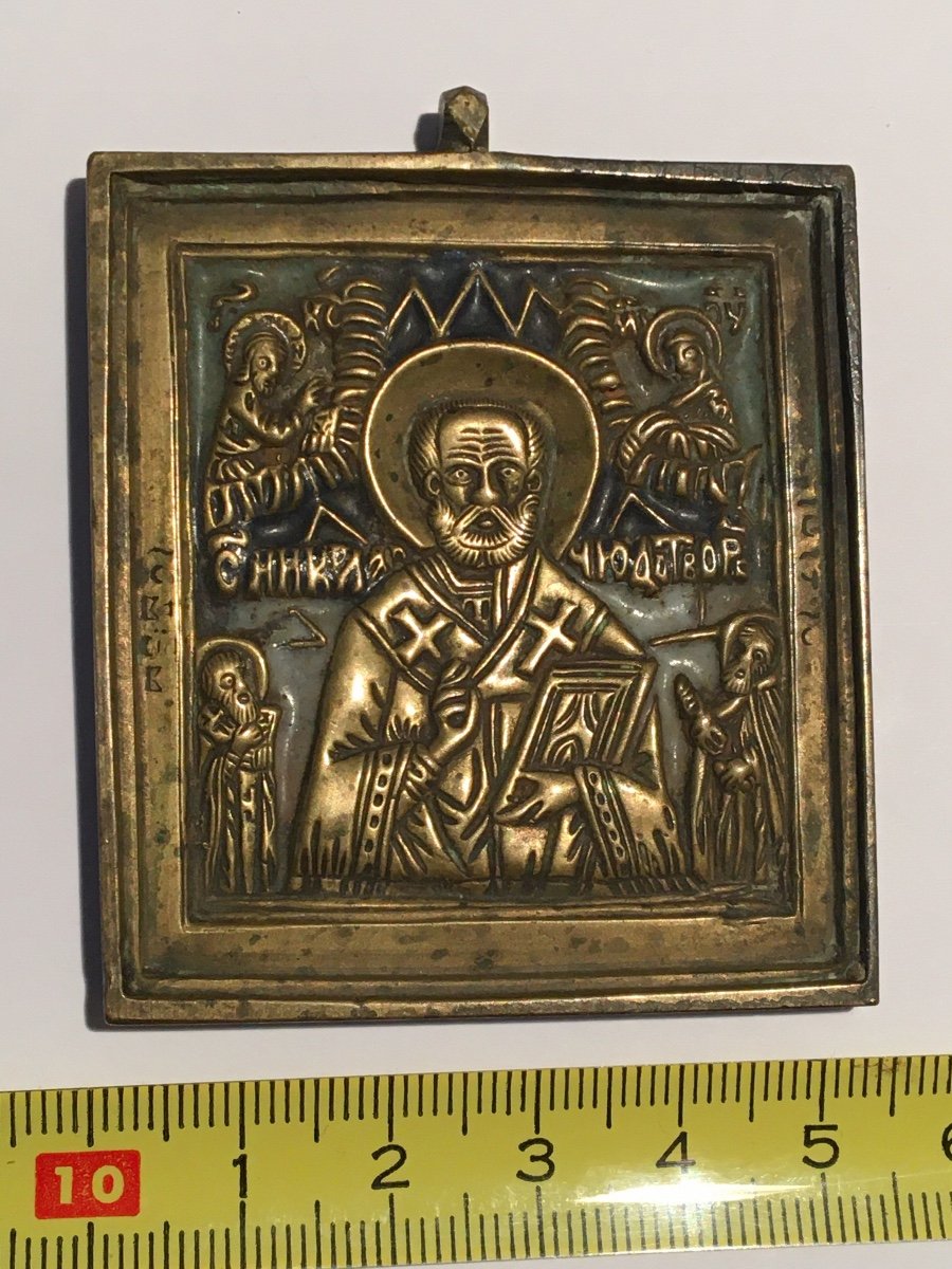 Small Russian Travel Icon , Enameled Bronze , Saint Nicolas-photo-1